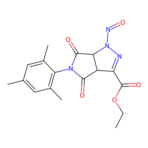 ethyl 1-nitroso-4,6-dioxo-5-(2,4,6-trimethylphenyl)-1,3a,4,5,6,6a-hexahydropyrrolo[3,4-c]pyrazole-3-carboxylate structure