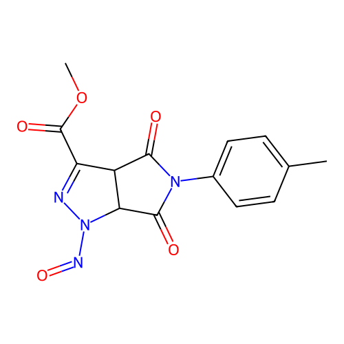 methyl 5-(4-methylphenyl)-1-nitroso-4,6-dioxo-1,3a,4,5,6,6a-hexahydropyrrolo[3,4-c]pyrazole-3-carboxylate structure
