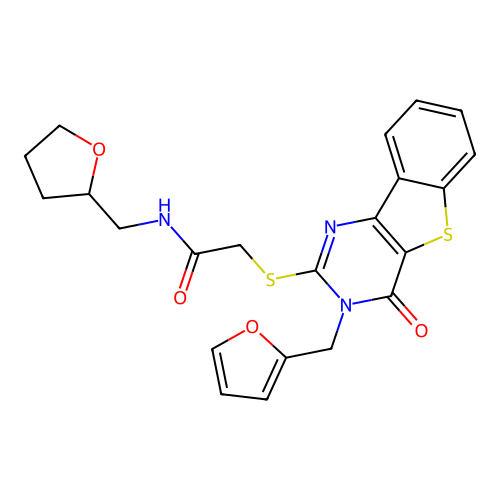2-({5-[(furan-2-yl)methyl]-6-oxo-8-thia-3,5-diazatricyclo[7.4.0.0^{2,7}]trideca-1(9),2(7),3,10,12-pentaen-4-yl}sulfanyl)-N-[(oxolan-2-yl)methyl]acetamide structure
