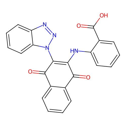 2-[[3-(benzotriazol-1-yl)-1,4-dioxonaphthalen-2-yl]amino]benzoic acid structure