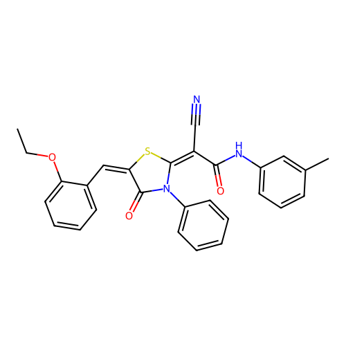 (2E)-2-cyano-2-[(5E)-5-[(2-ethoxyphenyl)methylidene]-4-oxo-3-phenyl-1,3-thiazolidin-2-ylidene]-N-(3-methylphenyl)acetamide structure