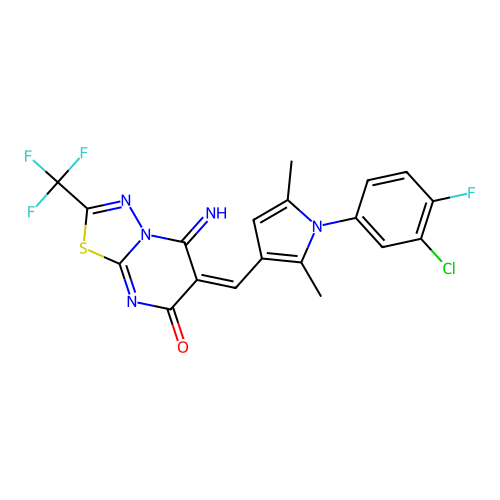(E)-6-((1-(3-chloro-4-fluorophenyl)-2,5-dimethyl-1H-pyrrol-3-yl)methylene)-5-imino-2-(trifluoromethyl)-5H-[1,3,4]thiadiazolo[3,2-a]pyrimidin-7(6H)-one structure