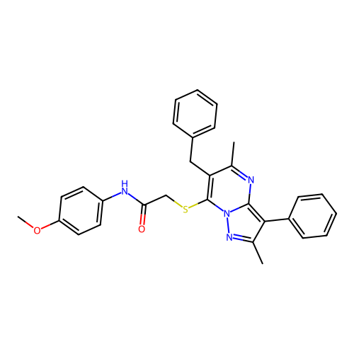 2-[(6-benzyl-2,5-dimethyl-3-phenylpyrazolo[1,5-a]pyrimidin-7-yl)sulfanyl]-N-(4-methoxyphenyl)acetamide structure
