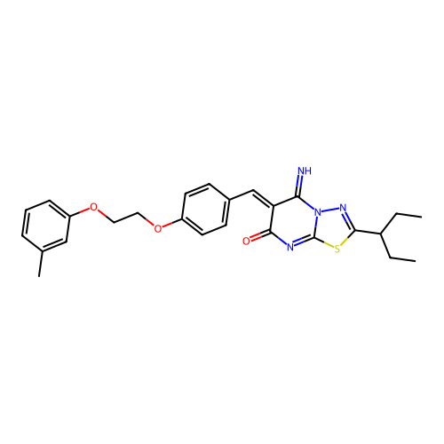 (Z)-5-imino-2-(pentan-3-yl)-6-(4-(2-(m-tolyloxy)ethoxy)benzylidene)-5H-[1,3,4]thiadiazolo[3,2-a]pyrimidin-7(6H)-one structure
