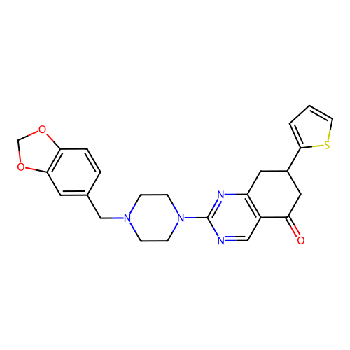 2-[4-(1,3-benzodioxol-5-ylmethyl)piperazin-1-yl]-7-(thiophen-2-yl)-7,8-dihydroquinazolin-5(6H)-one structure