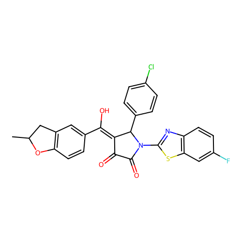 (4E)-5-(4-chlorophenyl)-1-(6-fluoro-1,3-benzothiazol-2-yl)-4-[hydroxy(2-methyl-2,3-dihydro-1-benzofuran-5-yl)methylidene]pyrrolidine-2,3-dione structure