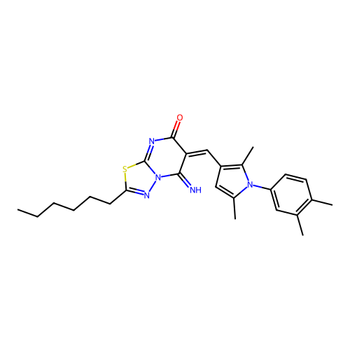 (6E)-6-[[1-(3,4-dimethylphenyl)-2,5-dimethylpyrrol-3-yl]methylidene]-2-hexyl-5-imino-[1,3,4]thiadiazolo[3,2-a]pyrimidin-7-one structure