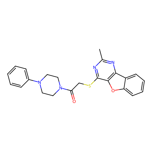 2-[(2-methyl-[1]benzofuro[3,2-d]pyrimidin-4-yl)sulfanyl]-1-(4-phenylpiperazin-1-yl)ethanone structure