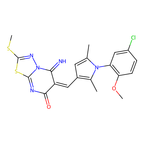(6E)-6-[[1-(5-chloro-2-methoxyphenyl)-2,5-dimethylpyrrol-3-yl]methylidene]-5-imino-2-methylsulfanyl-[1,3,4]thiadiazolo[3,2-a]pyrimidin-7-one structure