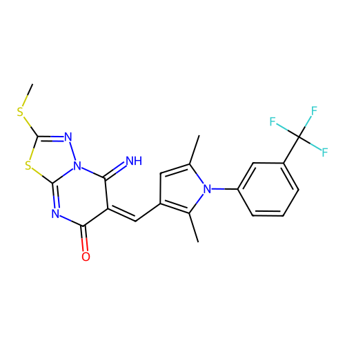 (6E)-6-({2,5-dimethyl-1-[3-(trifluoromethyl)phenyl]-1H-pyrrol-3-yl}methylidene)-5-imino-2-(methylsulfanyl)-5,6-dihydro-7H-[1,3,4]thiadiazolo[3,2-a]pyrimidin-7-one structure