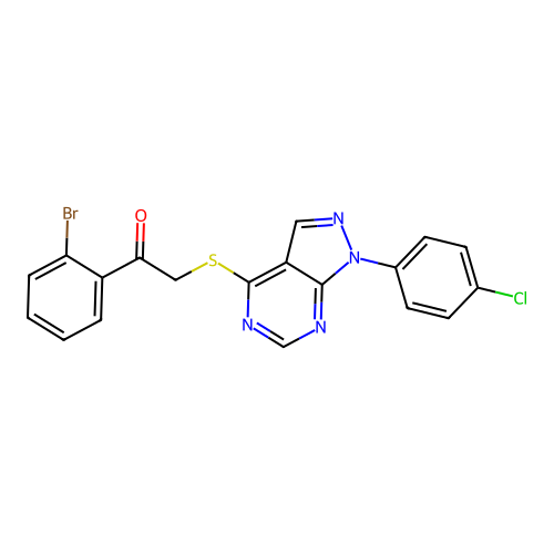 1-(2-bromophenyl)-2-((1-(4-chlorophenyl)-1H-pyrazolo[3,4-d]pyrimidin-4-yl)thio)ethanone structure