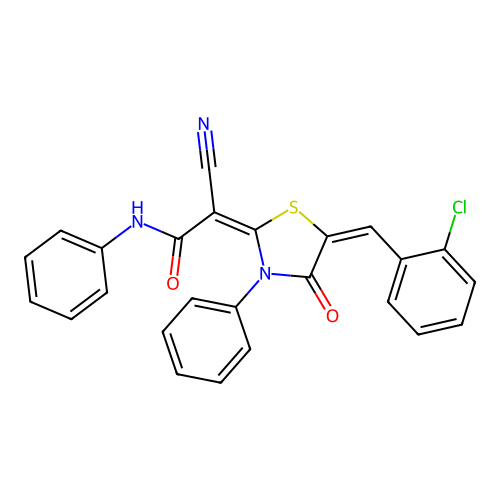 (E)-2-((E)-5-(2-chlorobenzylidene)-4-oxo-3-phenylthiazolidin-2-ylidene)-2-cyano-N-phenylacetamide structure