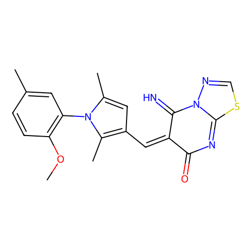 (E)-5-imino-6-((1-(2-methoxy-5-methylphenyl)-2,5-dimethyl-1H-pyrrol-3-yl)methylene)-5H-[1,3,4]thiadiazolo[3,2-a]pyrimidin-7(6H)-one structure