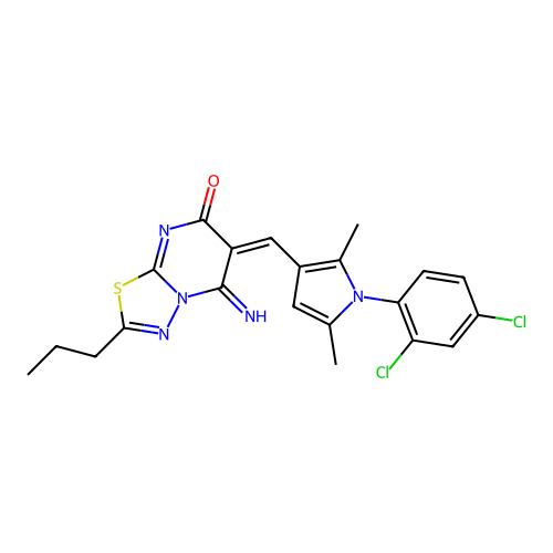 (6E)-6-[[1-(2,4-dichlorophenyl)-2,5-dimethylpyrrol-3-yl]methylidene]-5-imino-2-propyl-[1,3,4]thiadiazolo[3,2-a]pyrimidin-7-one structure