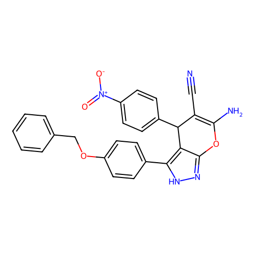 6-amino-3-(4-(benzyloxy)phenyl)-4-(4-nitrophenyl)-1,4-dihydropyrano[2,3-c]pyrazole-5-carbonitrile structure