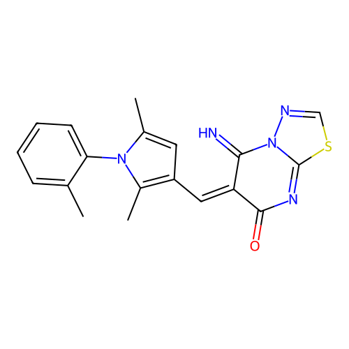 (E)-6-((2,5-dimethyl-1-(o-tolyl)-1H-pyrrol-3-yl)methylene)-5-imino-5H-[1,3,4]thiadiazolo[3,2-a]pyrimidin-7(6H)-one structure