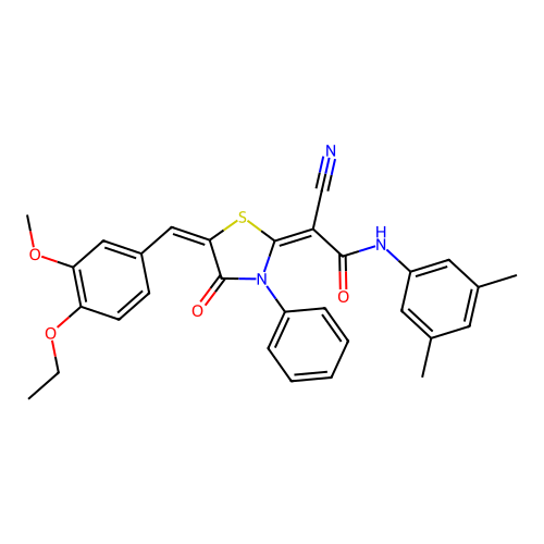 (2E)-2-cyano-N-(3,5-dimethylphenyl)-2-[(5E)-5-(4-ethoxy-3-methoxybenzylidene)-4-oxo-3-phenyl-1,3-thiazolidin-2-ylidene]ethanamide structure