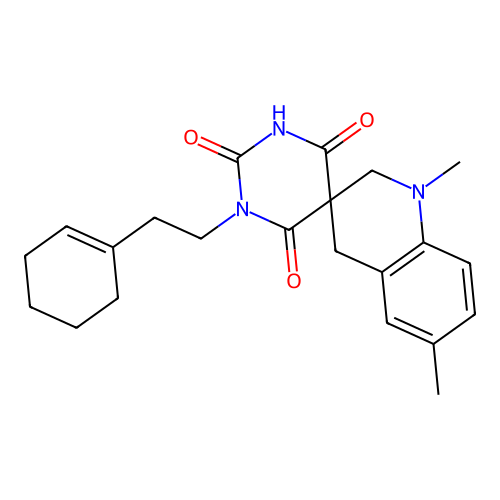 1-(2-(cyclohex-1-en-1-yl)ethyl)-1',6'-dimethyl-2',4'-dihydro-1H,1'H-spiro[pyrimidine-5,3'-quinoline]-2,4,6(3H)-trione structure