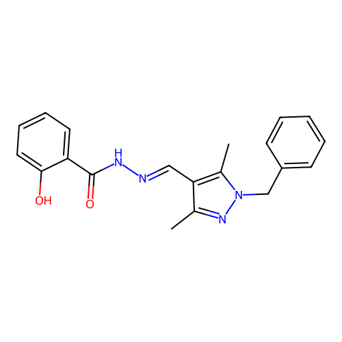 N-[(E)-(1-benzyl-3,5-dimethylpyrazol-4-yl)methylideneamino]-2-hydroxybenzamide structure