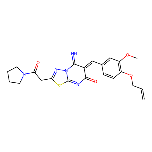 (6Z)-5-imino-6-[(3-methoxy-4-prop-2-enoxyphenyl)methylidene]-2-(2-oxo-2-pyrrolidin-1-ylethyl)-[1,3,4]thiadiazolo[3,2-a]pyrimidin-7-one structure