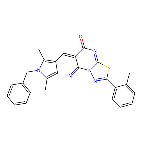 (6E)-6-[(1-benzyl-2,5-dimethylpyrrol-3-yl)methylidene]-5-imino-2-(2-methylphenyl)-[1,3,4]thiadiazolo[3,2-a]pyrimidin-7-one structure
