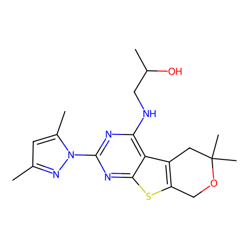 1-((2-(3,5-dimethyl-1H-pyrazol-1-yl)-6,6-dimethyl-6,8-dihydro-5H-pyrano[4',3':4,5]thieno[2,3-d]pyrimidin-4-yl)amino)propan-2-ol structure
