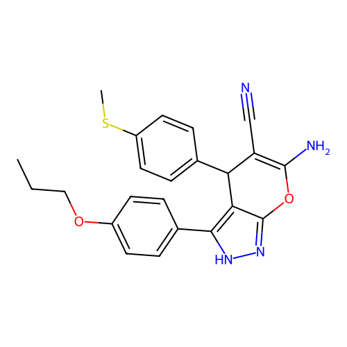 6-amino-4-(4-(methylthio)phenyl)-3-(4-propoxyphenyl)-1,4-dihydropyrano[2,3-c]pyrazole-5-carbonitrile structure