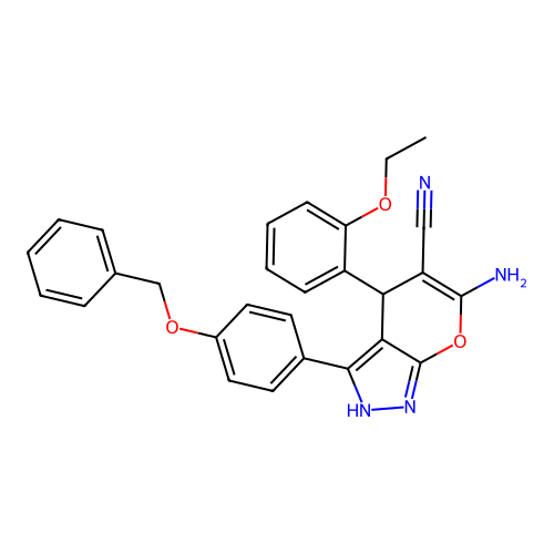 6-amino-3-(4-(benzyloxy)phenyl)-4-(2-ethoxyphenyl)-1,4-dihydropyrano[2,3-c]pyrazole-5-carbonitrile structure