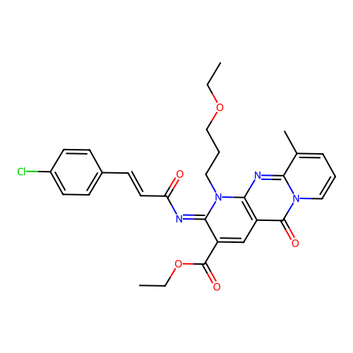 (Z)-ethyl 2-(((E)-3-(4-chlorophenyl)acryloyl)imino)-1-(3-ethoxypropyl)-10-methyl-5-oxo-2,5-dihydro-1H-dipyrido[1,2-a:2',3'-d]pyrimidine-3-carboxylate structure