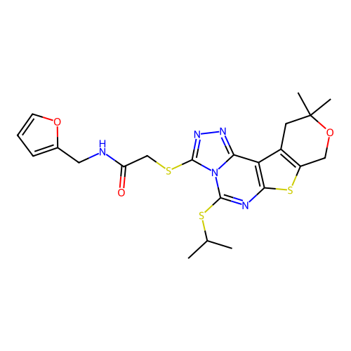 2-{[10,10-dimethyl-5-(propan-2-ylsulfanyl)-10,11-dihydro-8H-pyrano[4',3':4,5]thieno[3,2-e][1,2,4]triazolo[4,3-c]pyrimidin-3-yl]sulfanyl}-N-(furan-2-ylmethyl)acetamide structure