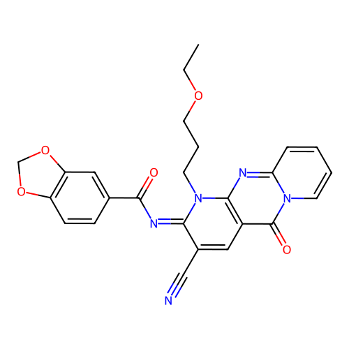 (E)-N-(3-cyano-1-(3-ethoxypropyl)-5-oxo-1H-dipyrido[1,2-a:2',3'-d]pyrimidin-2(5H)-ylidene)benzo[d][1,3]dioxole-5-carboxamide structure
