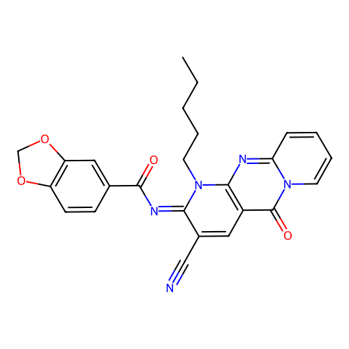 (E)-N-(3-cyano-5-oxo-1-pentyl-1H-dipyrido[1,2-a:2',3'-d]pyrimidin-2(5H)-ylidene)benzo[d][1,3]dioxole-5-carboxamide structure