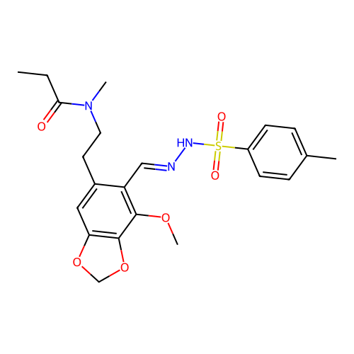 (E)-N-(2-(7-methoxy-6-((2-tosylhydrazono)methyl)benzo[d][1,3]dioxol-5-yl)ethyl)-N-methylpropionamide structure