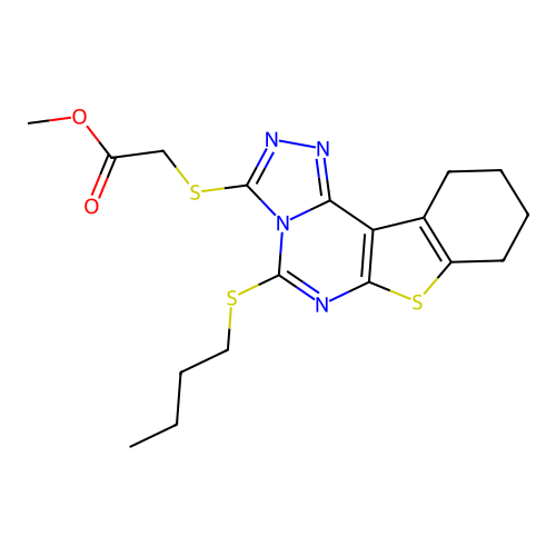 methyl {[5-(butylsulfanyl)-8,9,10,11-tetrahydro[1]benzothieno[3,2-e][1,2,4]triazolo[4,3-c]pyrimidin-3-yl]sulfanyl}acetate structure