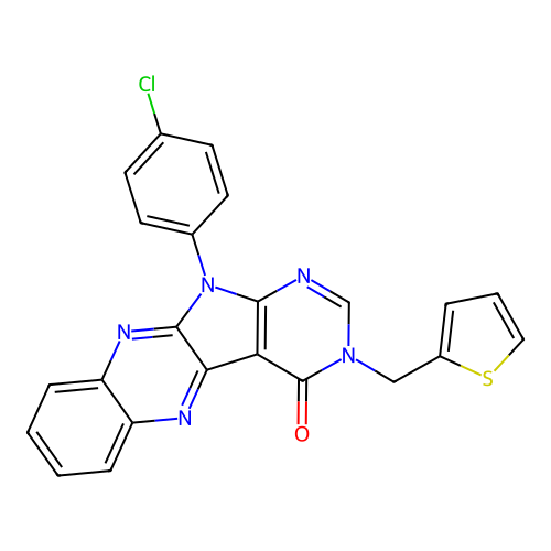 11-(4-chlorophenyl)-3-(thiophen-2-ylmethyl)-3,11-dihydro-4H-pyrimido[5',4':4,5]pyrrolo[2,3-b]quinoxalin-4-one structure