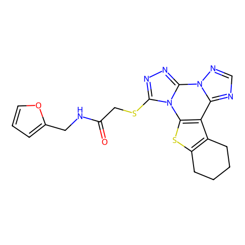 N-(furan-2-ylmethyl)-2-((10,11,12,13-tetrahydrobenzo[4,5]thieno[3,2-e]bis([1,2,4]triazolo)[4,3-a:1',5'-c]pyrimidin-7-yl)thio)acetamide structure