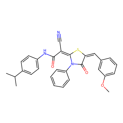 (2E)-2-cyano-2-[(5E)-5-(3-methoxybenzylidene)-4-oxo-3-phenyl-1,3-thiazolidin-2-ylidene]-N-[4-(propan-2-yl)phenyl]ethanamide structure