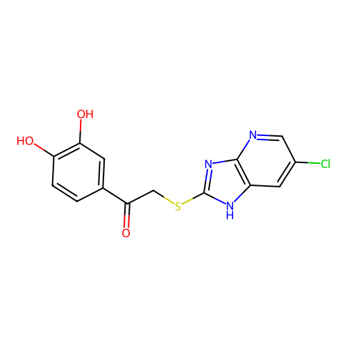 2-((6-chloro-3H-imidazo[4,5-b]pyridin-2-yl)thio)-1-(3,4-dihydroxyphenyl)ethanone structure
