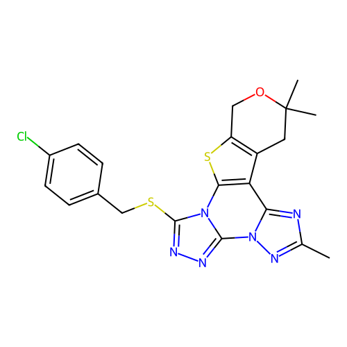 7-((4-chlorobenzyl)thio)-2,12,12-trimethyl-12,13-dihydro-10H-pyrano[4',3':4,5]thieno[3,2-e]bis([1,2,4]triazolo)[4,3-a:1',5'-c]pyrimidine structure