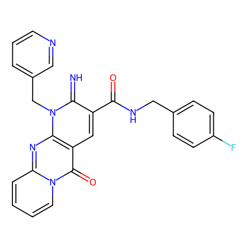 2-Imino-10-oxo-1-pyridin-3-ylmethyl-1,10-dihydro-2H-1,9,10a-triaza-anthracene-3-carboxylic acid 4-fluoro-benzylamide structure