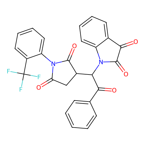 1-(1-(2,5-dioxo-1-(2-(trifluoromethyl)phenyl)pyrrolidin-3-yl)-2-oxo-2-phenylethyl)indoline-2,3-dione structure