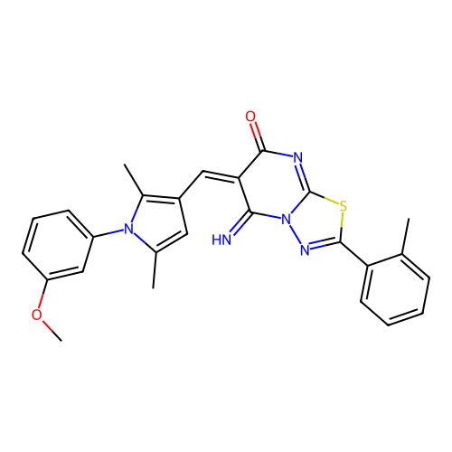 (6E)-5-imino-6-[[1-(3-methoxyphenyl)-2,5-dimethylpyrrol-3-yl]methylidene]-2-(2-methylphenyl)-[1,3,4]thiadiazolo[3,2-a]pyrimidin-7-one structure
