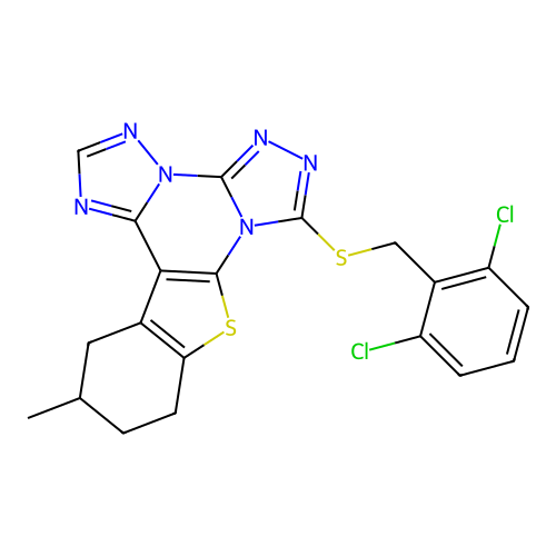 7-((2,6-dichlorobenzyl)thio)-12-methyl-10,11,12,13-tetrahydrobenzo[4,5]thieno[3,2-e]bis([1,2,4]triazolo)[4,3-a:1',5'-c]pyrimidine structure