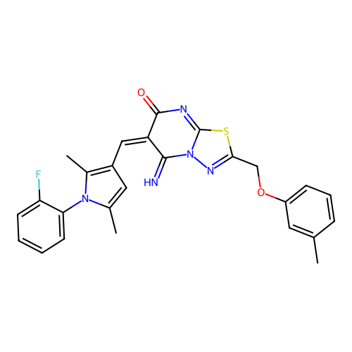 (E)-6-((1-(2-fluorophenyl)-2,5-dimethyl-1H-pyrrol-3-yl)methylene)-5-imino-2-((m-tolyloxy)methyl)-5H-[1,3,4]thiadiazolo[3,2-a]pyrimidin-7(6H)-one structure