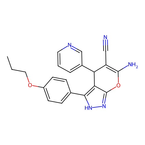 6-amino-3-(4-propoxyphenyl)-4-(pyridin-3-yl)-2,4-dihydropyrano[2,3-c]pyrazole-5-carbonitrile structure