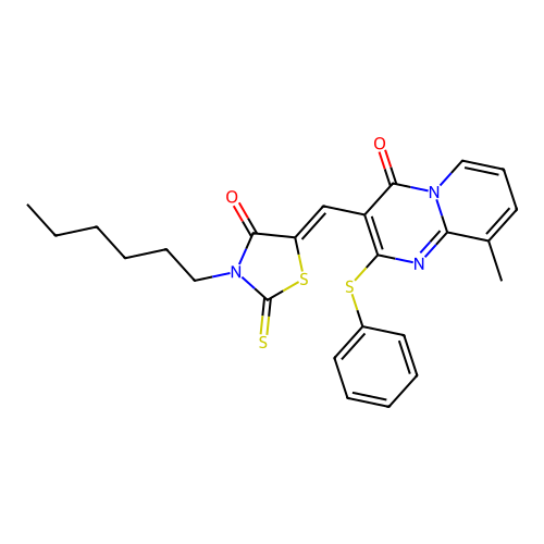 3-[(Z)-(3-hexyl-4-oxo-2-thioxo-1,3-thiazolidin-5-ylidene)methyl]-9-methyl-2-(phenylsulfanyl)-4H-pyrido[1,2-a]pyrimidin-4-one structure