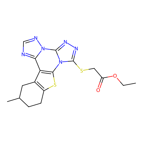 ethyl [(12-methyl-10,11,12,13-tetrahydro[1]benzothieno[3,2-e]bis[1,2,4]triazolo[4,3-a:1',5'-c]pyrimidin-7-yl)sulfanyl]acetate structure