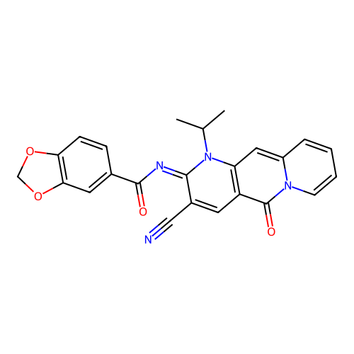 (E)-N-(3-cyano-1-isopropyl-5-oxo-1H-pyrido[1,2-g][1,6]naphthyridin-2(5H)-ylidene)benzo[d][1,3]dioxole-5-carboxamide structure