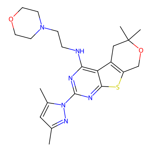 2-(3,5-dimethyl-1H-pyrazol-1-yl)-6,6-dimethyl-N-[2-(morpholin-4-yl)ethyl]-5,8-dihydro-6H-pyrano[4',3':4,5]thieno[2,3-d]pyrimidin-4-amine structure