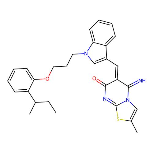 (6Z)-6-[(1-{3-[2-(butan-2-yl)phenoxy]propyl}-1H-indol-3-yl)methylidene]-5-imino-2-methyl-5,6-dihydro-7H-[1,3]thiazolo[3,2-a]pyrimidin-7-one structure